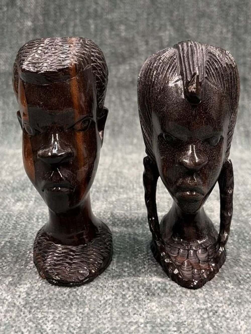 Vintage Hand Carved African Blackwood Wooden Figurine Bust Figures Pair